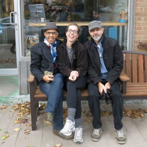 The three principals of the Dept. of Creative Works outside their “favourite hangout” Cafe Qui Pense. From left to right: Nigel Pequette, Jess Ross, André Martel Credit: Jess Ross 