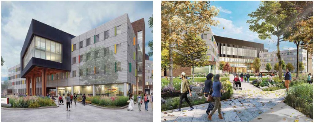 ABOVE LEFT: The proposed uOttawa Health Sciences building will feature a striking entrance on the Lees Avenue side; ABOVE RIGHT: The design features of the new building's courtyard reflect the natural and cultural heritage of the area. Images by University of Ottawa 