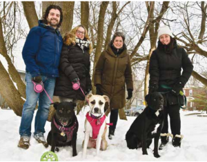 Peter Croal photo. This group of family and friends have most willingly gone to the dogs! Pictured here at the Hawthorne Avenue "little treasure" of a park, starting with the "two leggers" from left to right, are James Tourigny, Tracy Townsend, Dianne Wing and Emma LaFloor. Indie (left), Luna (centre) and Greta (right) are the lovable "four leggers" who patiently posed for this group photo.