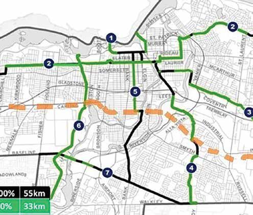 The dashed line approximates the location of a proposed east-west crosstown cycling route through Old Ottawa East and the Glebe. Current City plans would require local cyclists to pedal to either Laurier Avenue or Baseline/Heron/Walkley to access a major east-west cross-town route. Image Base On City of Ottawa Map