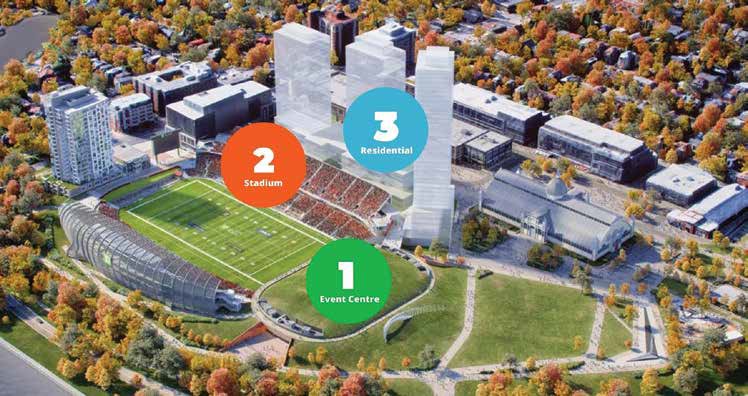 If approved, the Lansdowne 2.0 plan would be built in stages; the 5,500 seat Event Centre would be constructed first with completion in October 2024, followed by the new north side stands finished in 2027, and the residential towers, which would begin housing residents in 2027 and be fully built by 2029. Image Supplied