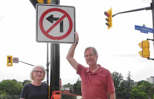Vera Akers, Montcalm Street resident, and Tom Scott, OOECA transportation and infrastructure chair, question why left turns will not be allowed at the reconfigured and fully-signalize Main Street - Colonel By Drive intersection. Photo by John Dance
