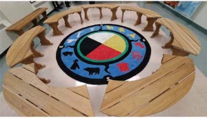 Team Mikinak meeting benches surround traditional Indigenous medicine wheel carpet. Photo by Lorne Abougov